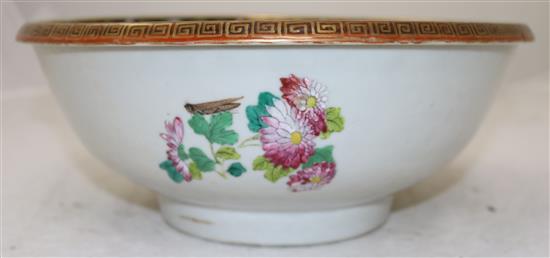 A Chinese famille rose basin, mid 19th century, diameter 29.5cm, short hairline crack to rim